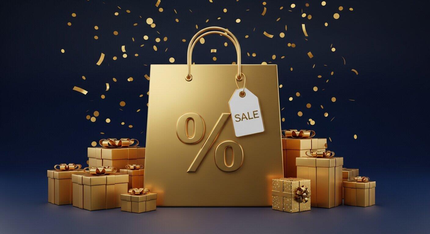 Sac shopping doré avec % de réduction et cadeaux pour les stratégies Black Friday e-commerce
