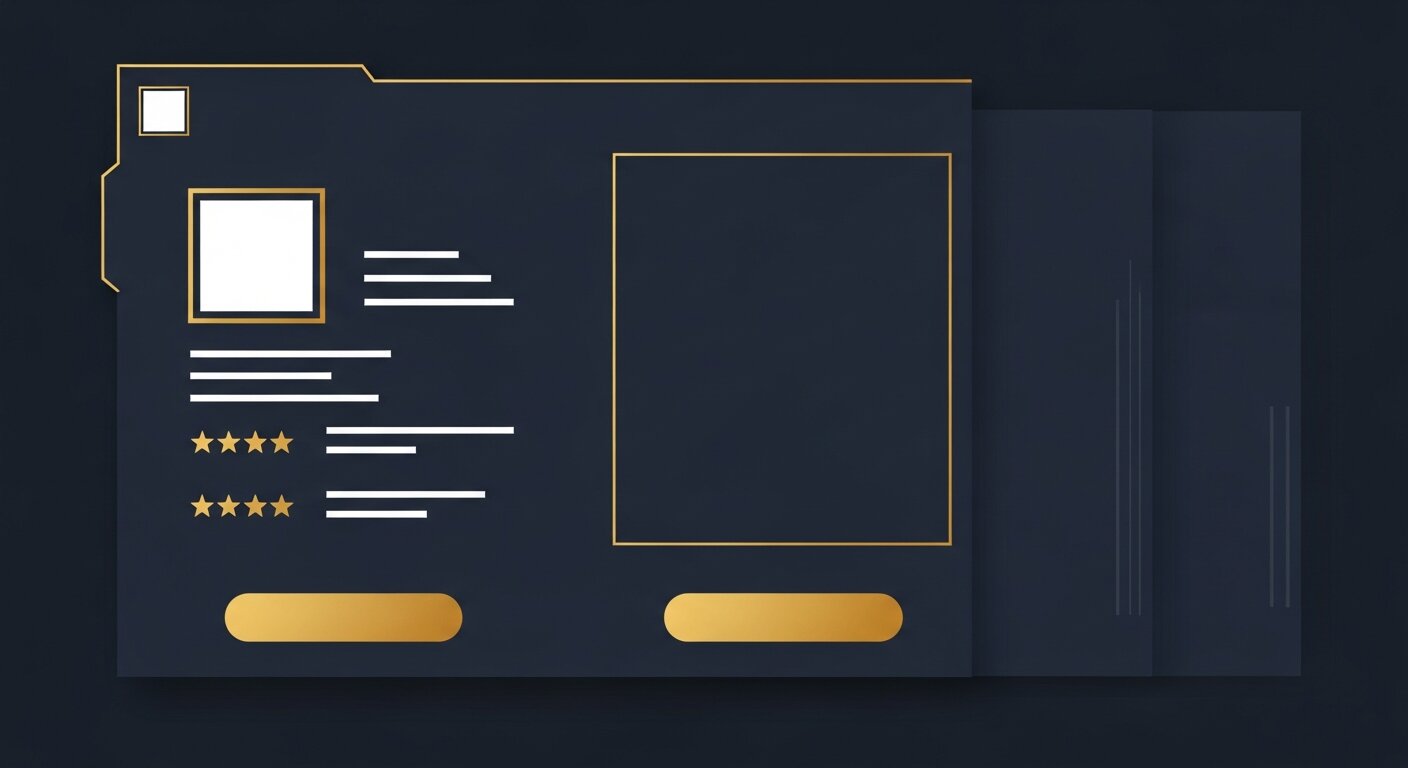 Wireframe doré d'une fiche produit e-commerce avec image, étoiles et bouton d'achat
