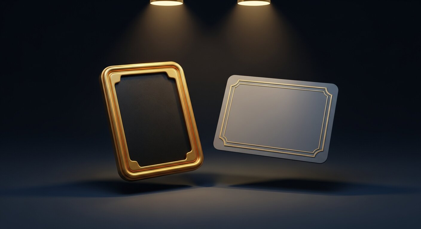 Deux cartes flottantes dorée et sobre pour comparer thème Shopify payant et gratuit