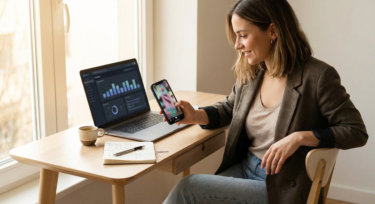 Entrepreneur gérant ses campagnes TikTok Ads 2026 — smartphone et dashboard analytics sur bureau minimaliste