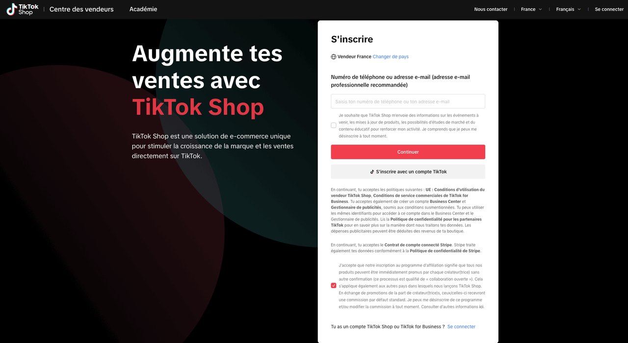 Page d'accès et d'inscription au Centre des vendeurs TikTok Shop en France (capture réelle)