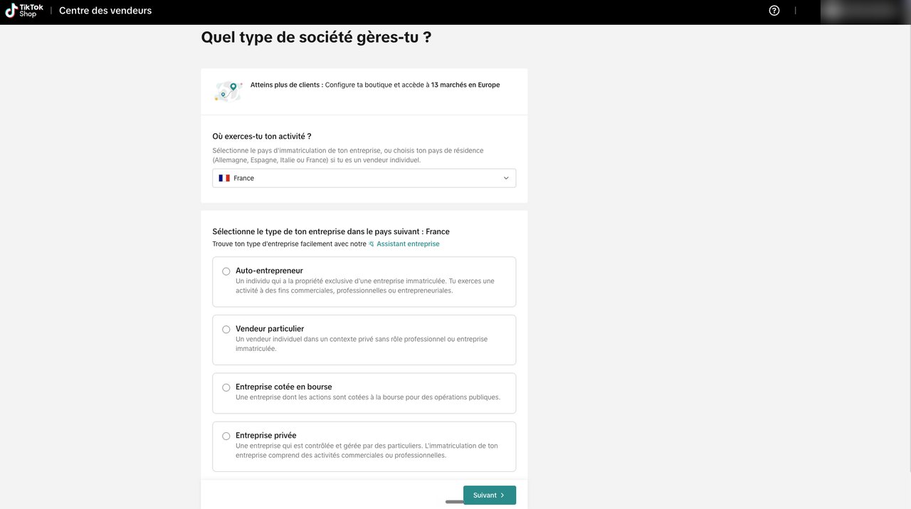 Choix du type de société à l'inscription sur TikTok Shop : auto-entrepreneur, vendeur particulier, entreprise