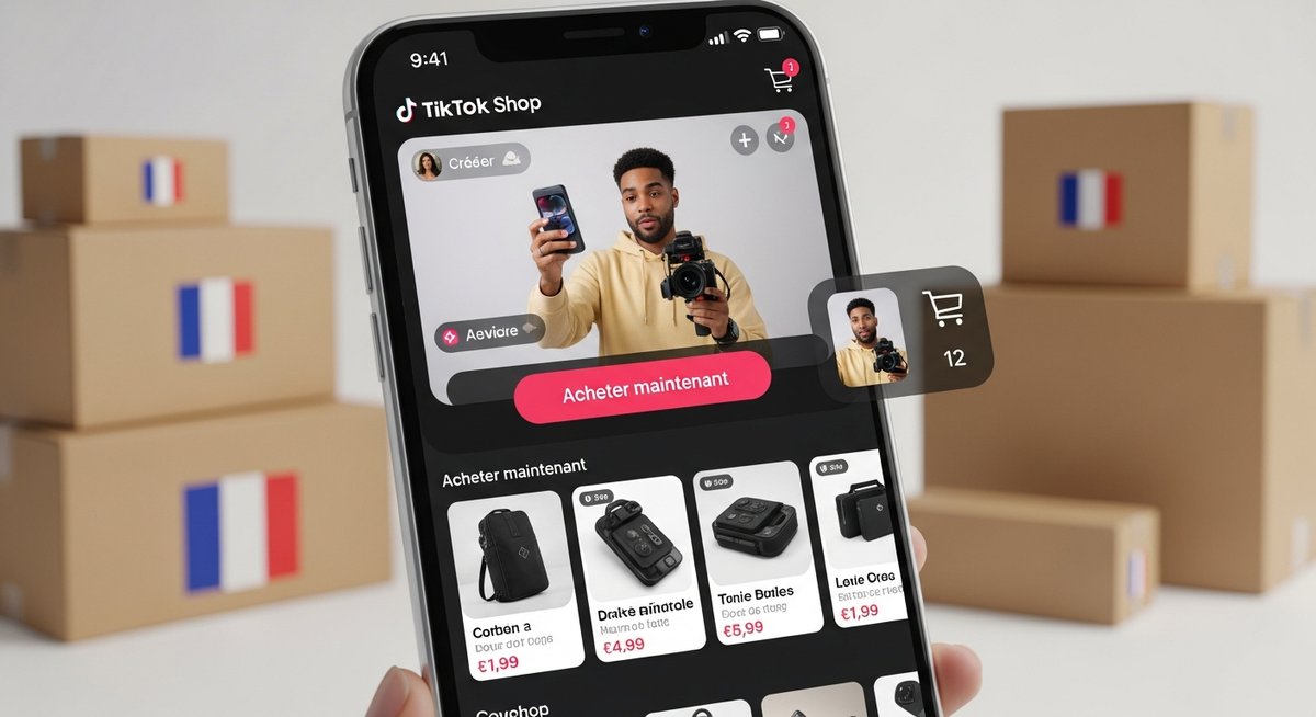 TikTok Shop France 2026 — interface de vente sur smartphone avec live shopping et panier d'achat