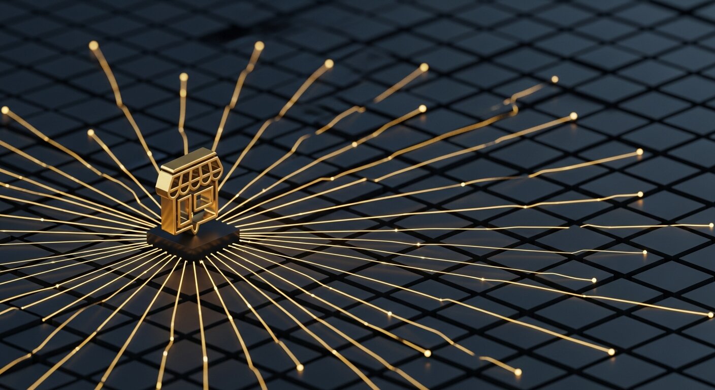 Icône dorée de boutique sur grille sombre avec lignes dorées rayonnantes pour vendre en ligne ou marketplace