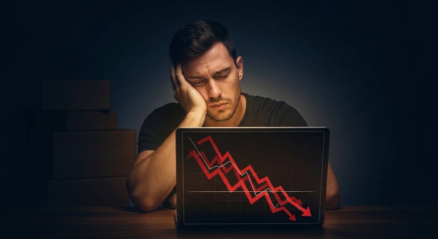 Entrepreneur seul devant son écran, frustré par l'absence de ventes