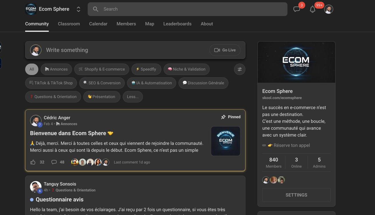 La communauté Ecom Sphere sur Skool : 840 membres actifs, catégories Shopify, TikTok, SEO, IA