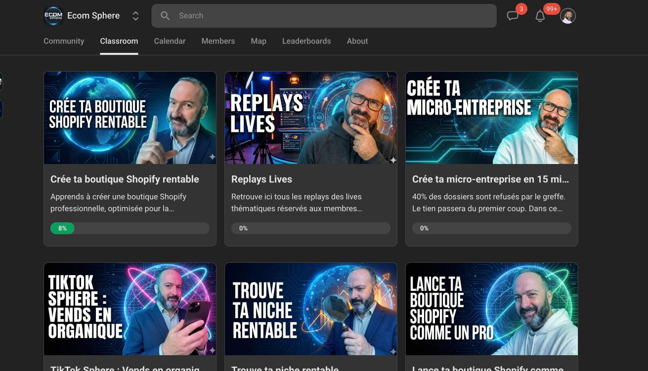 Les formations vidéo accessibles dans l'espace membres Ecom Sphere sur Skool