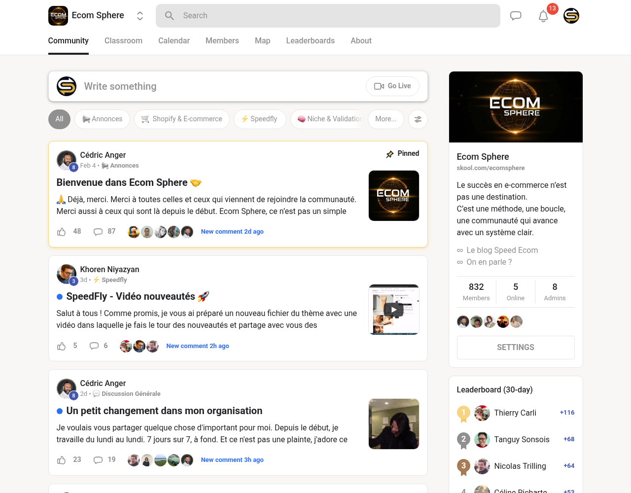La communauté Ecom Sphere sur Skool : feed actif, 800+ membres, catégories Shopify, TikTok, SEO, IA