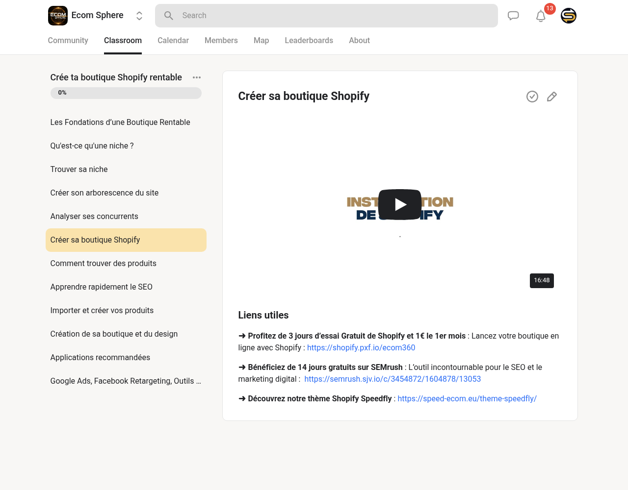 Un module de formation dans Ecom Sphere sur Skool : leçons structurées, vidéo et liens utiles
