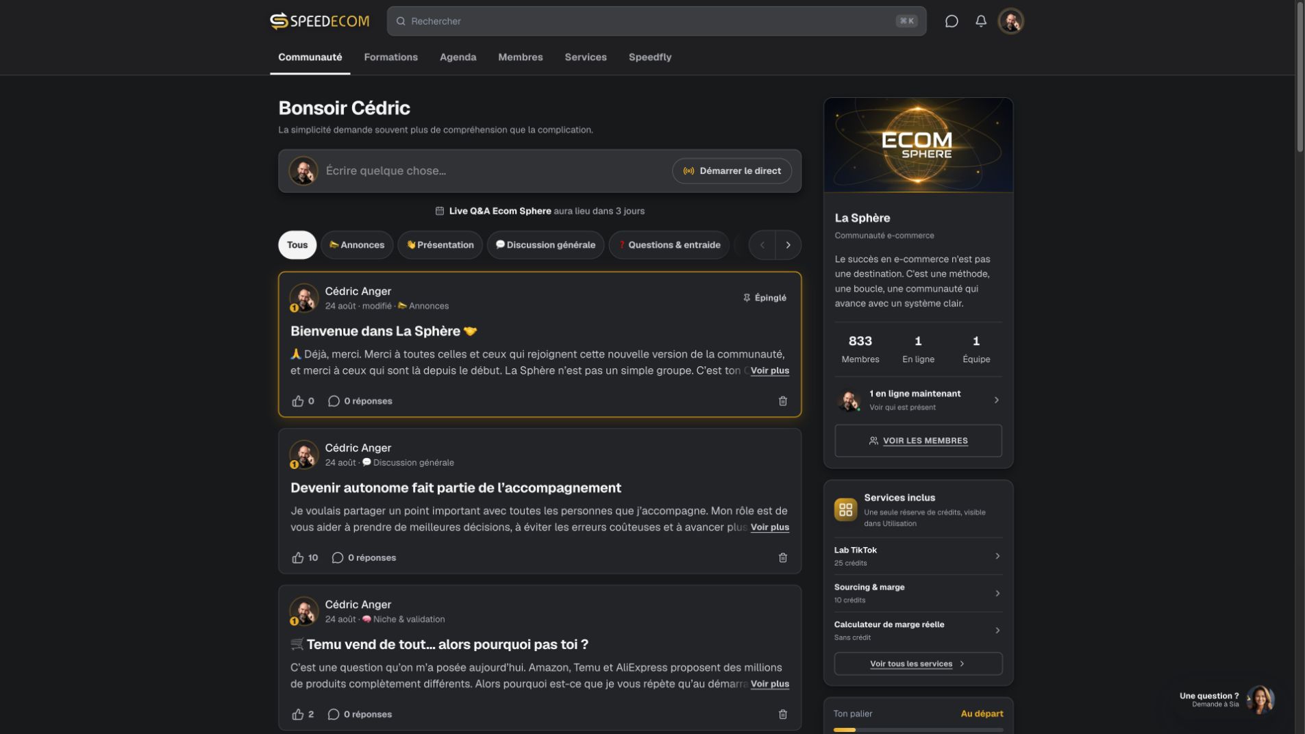 Communauté La Sphère avec navigation, publications, prochain live et présentation de l’espace