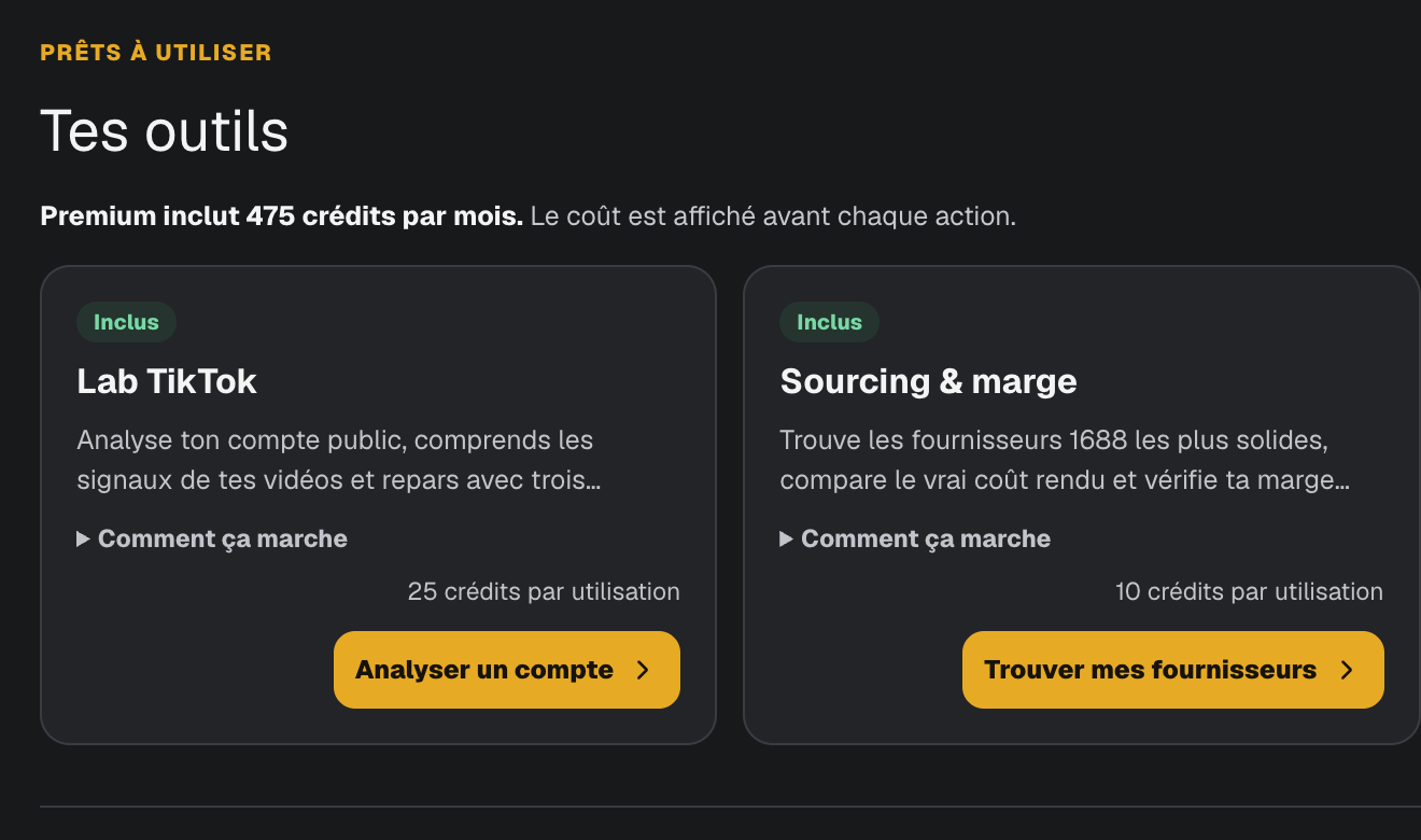 Services réellement disponibles dans La Sphère : validation de niche, analyse de marché, Lab TikTok, sourcing et calcul de marge