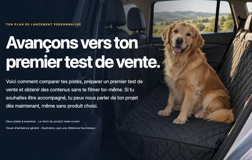 Aperçu au contenu réel : chien sur une housse de voiture en illustration d’ambiance, avec le texte du plan anonymisé.
