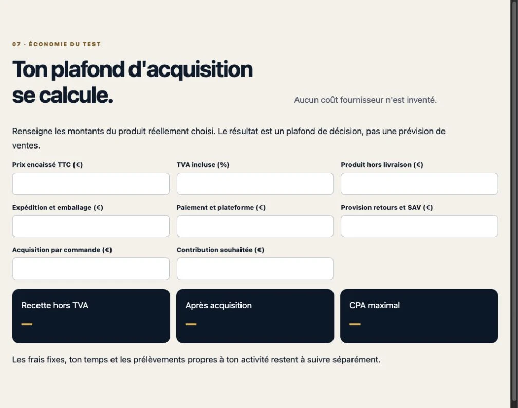 Le calculateur du vrai plan : prix, TVA, produit, expédition, frais, retours et plafond d’acquisition.