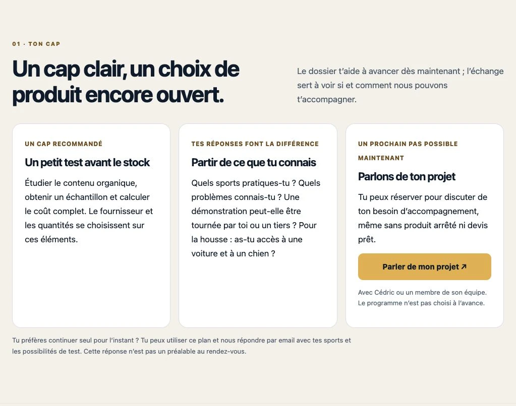 Extrait du plan réel : un petit test avant le stock, les questions pour comparer les pistes et la possibilité de parler du projet.
