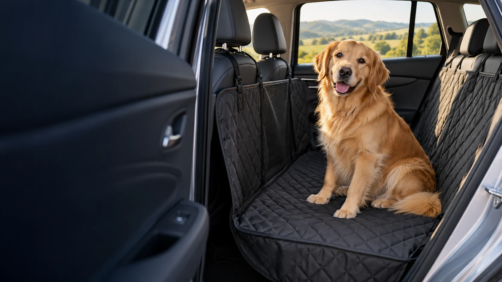 Visuel d’ambiance illustratif : chien assis sur une housse de protection dans une voiture.