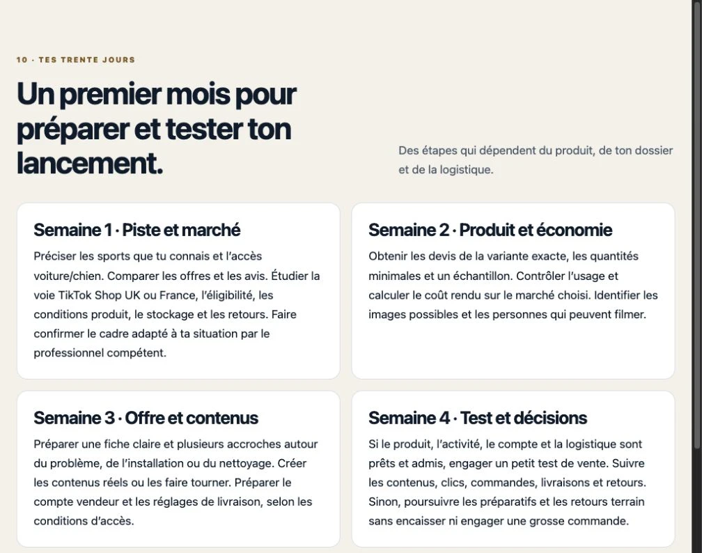 La feuille de route du plan livré : piste et marché, produit et économie, offre et contenus, test et décisions.