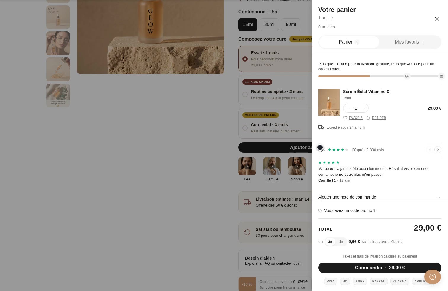 Aperçu Tiroir + page panier sur la démo Speedfly