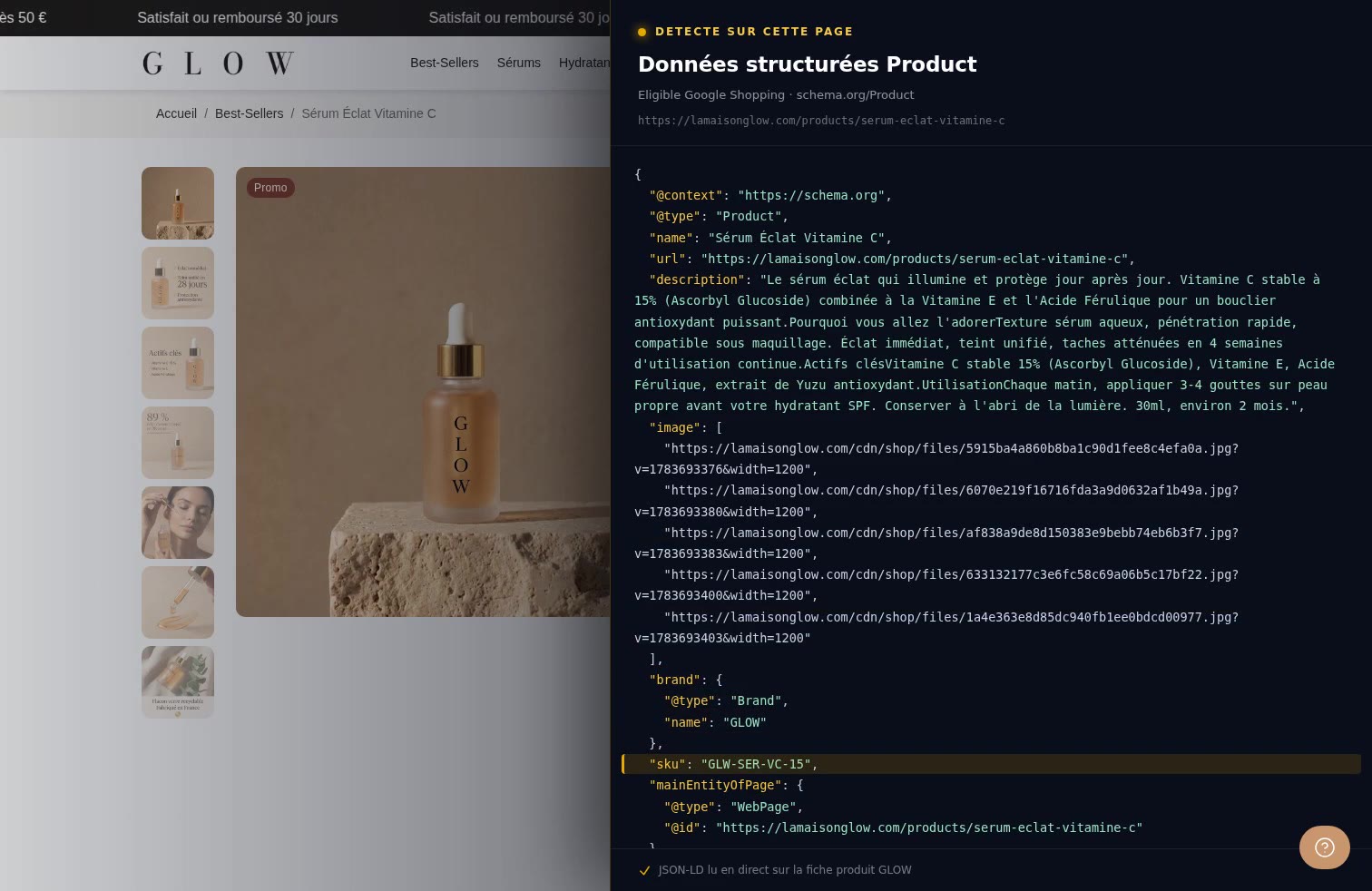 Aperçu Données structurées produit (JSON-LD) sur la démo Speedfly