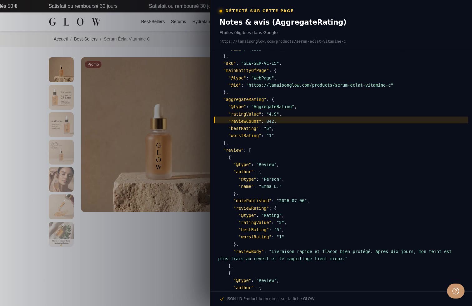 Aperçu Notes & avis dans Google (AggregateRating) sur la démo Speedfly