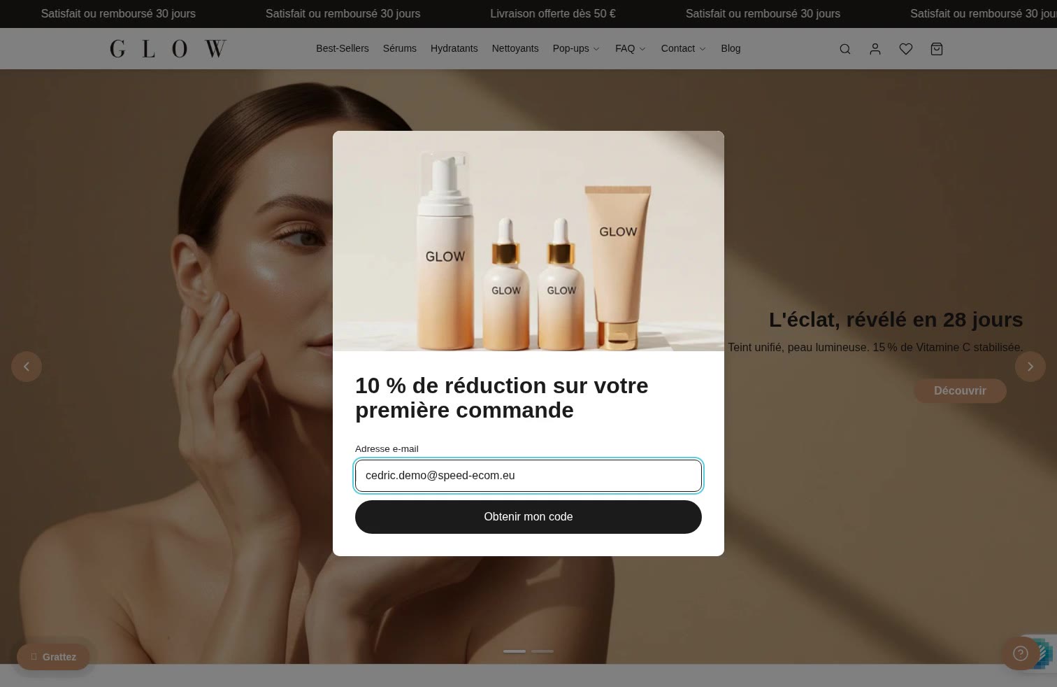 Aperçu Moteur commun de pop-ups sur la démo Speedfly