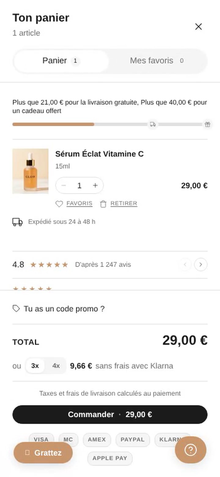 Aperçu mobile de Tiroir + page panier sur Maison GLOW