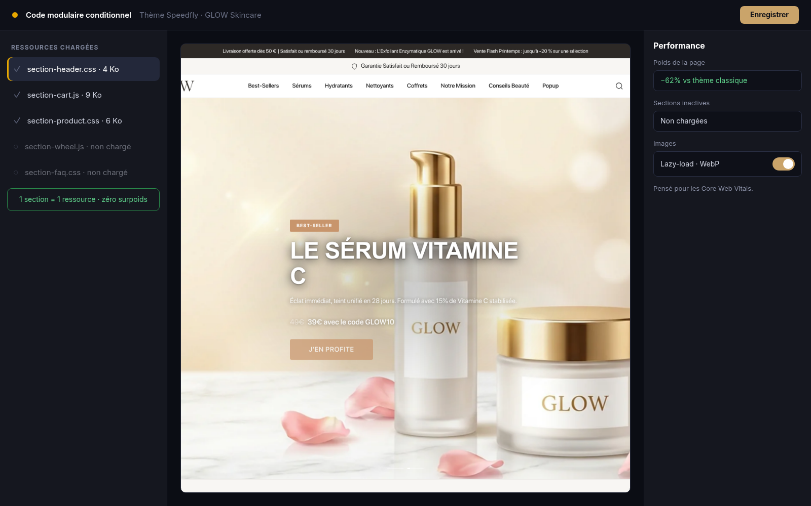 Capture Code modulaire conditionnel : boutique GLOW Skincare sous Speedfly
