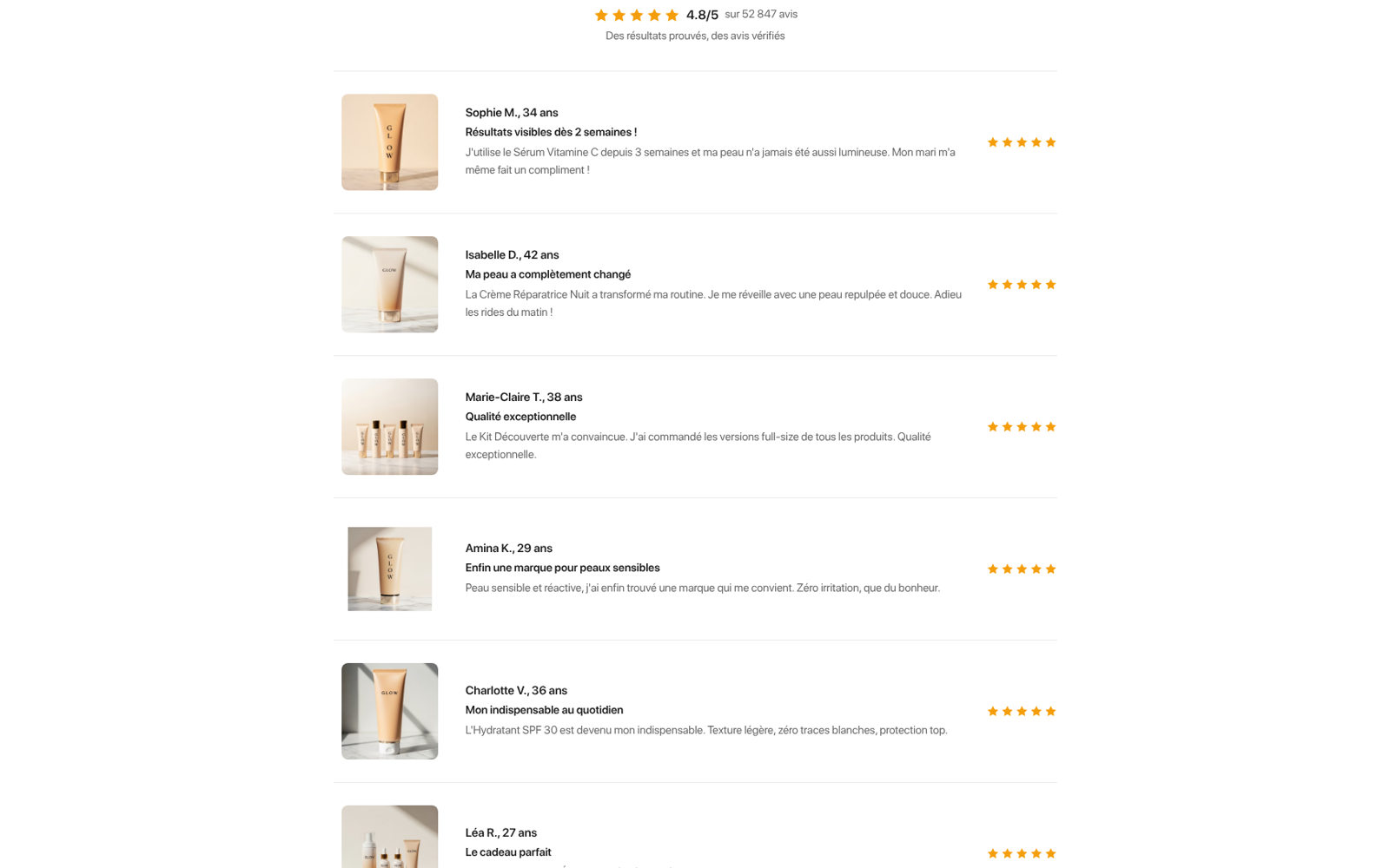 Capture Avis & preuves sociales : boutique GLOW Skincare sous Speedfly