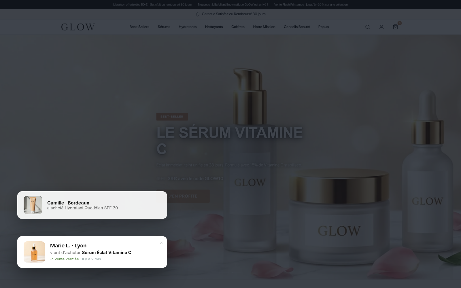 Capture Notifications de ventes : boutique GLOW Skincare sous Speedfly