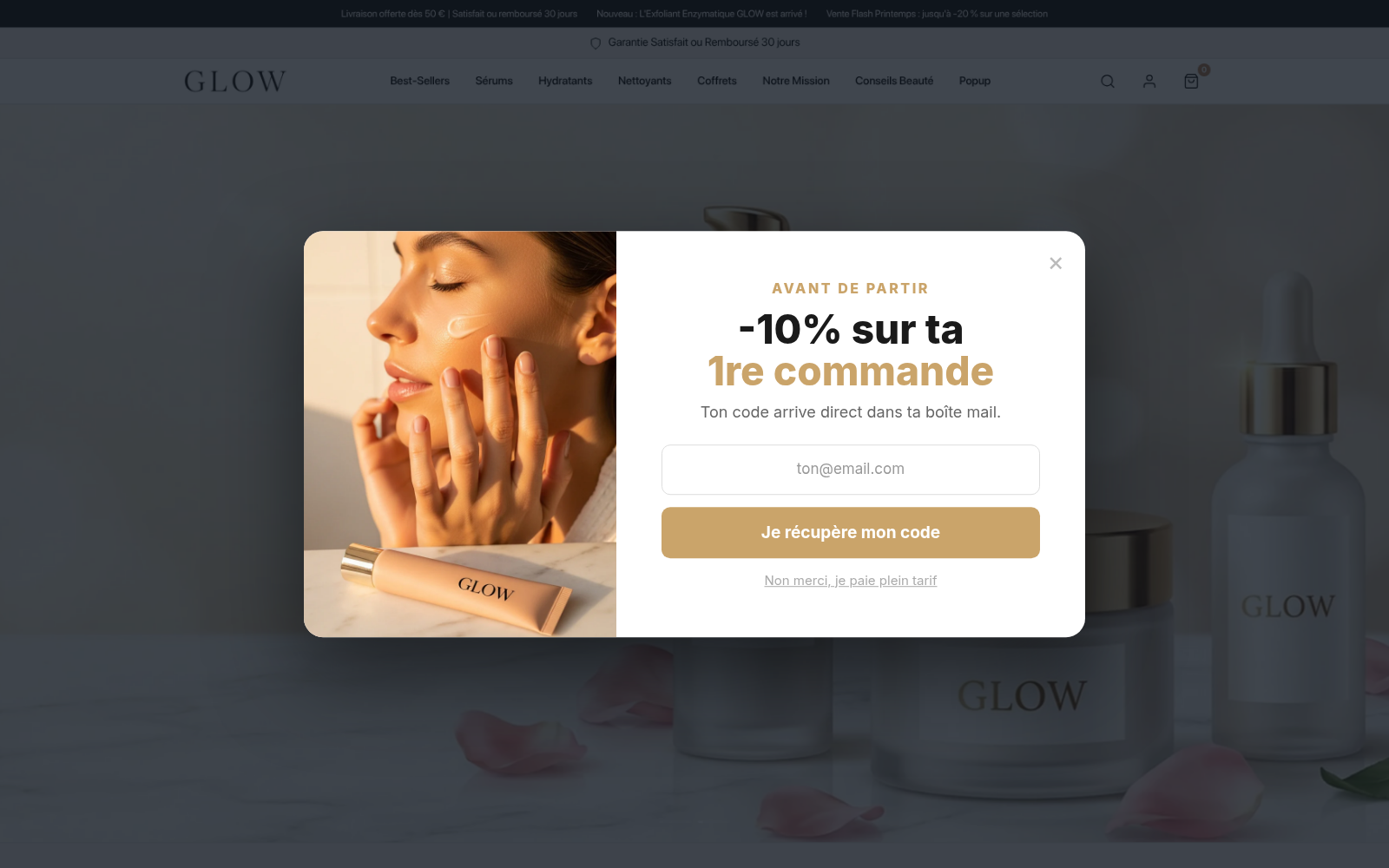 Capture Pop-up sortie + newsletter : boutique GLOW Skincare sous Speedfly