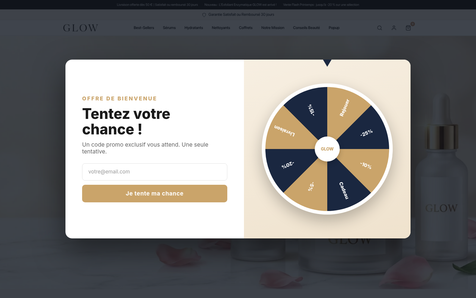 Capture Roue de la fortune : boutique GLOW Skincare sous Speedfly