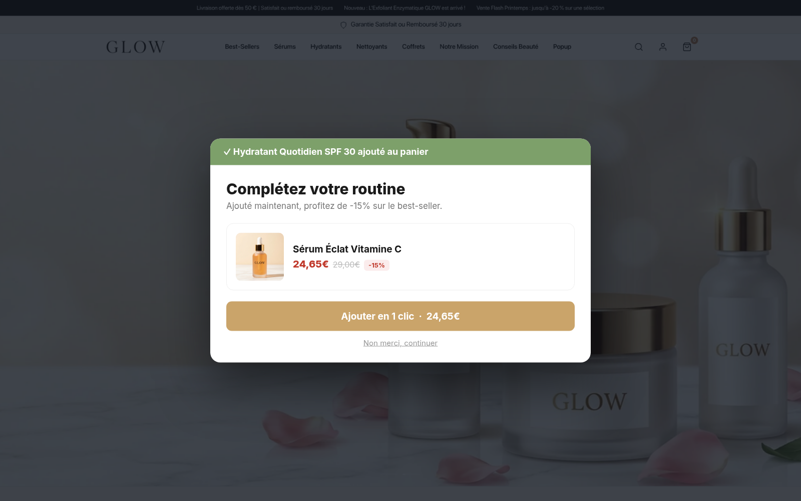 Capture Upsell post-achat : boutique GLOW Skincare sous Speedfly