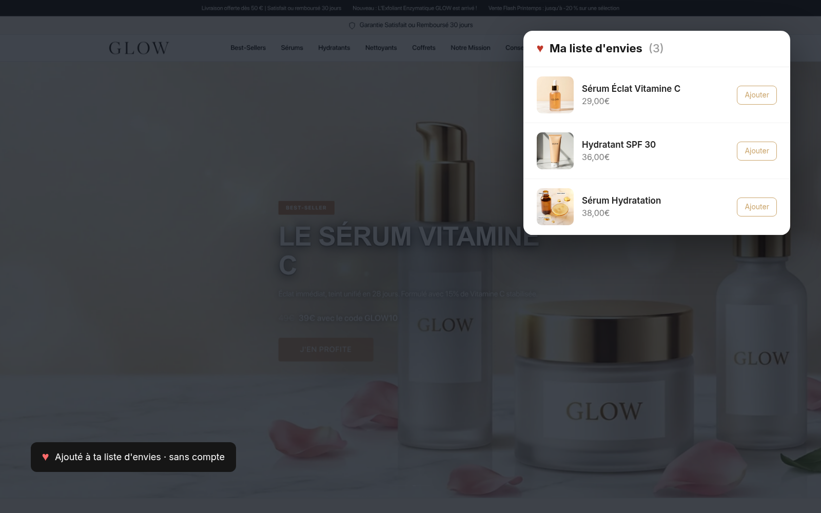 Capture Wishlist client : boutique GLOW Skincare sous Speedfly