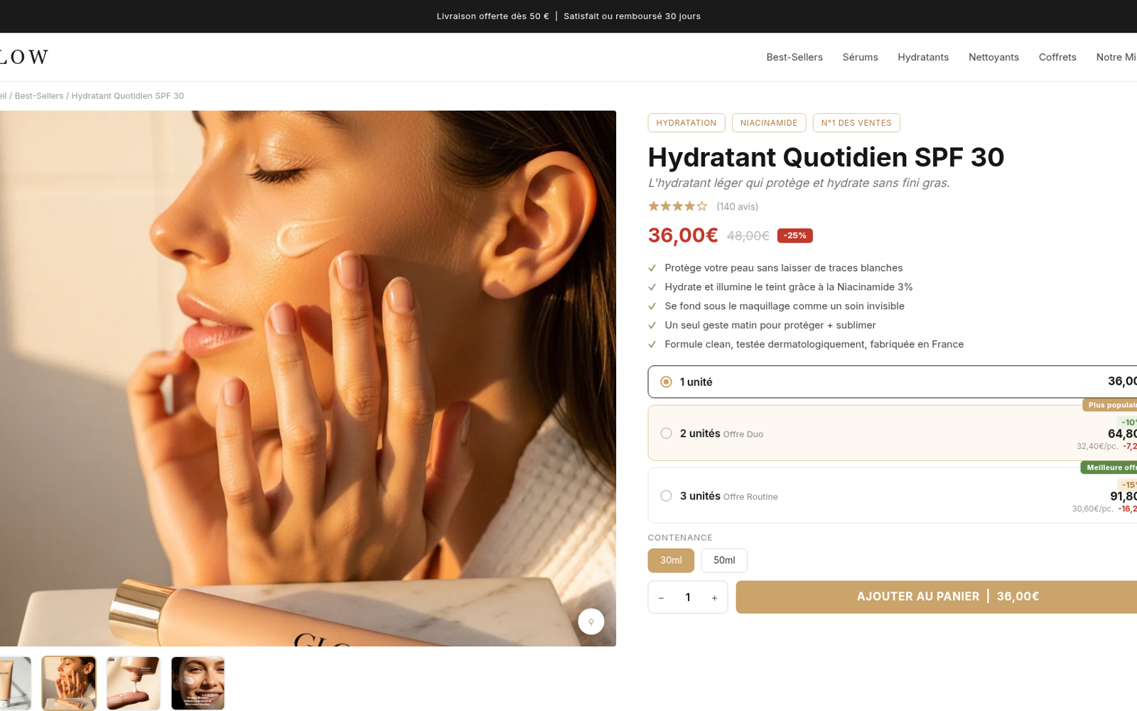 Capture Page produit qui convertit : boutique GLOW Skincare sous Speedfly