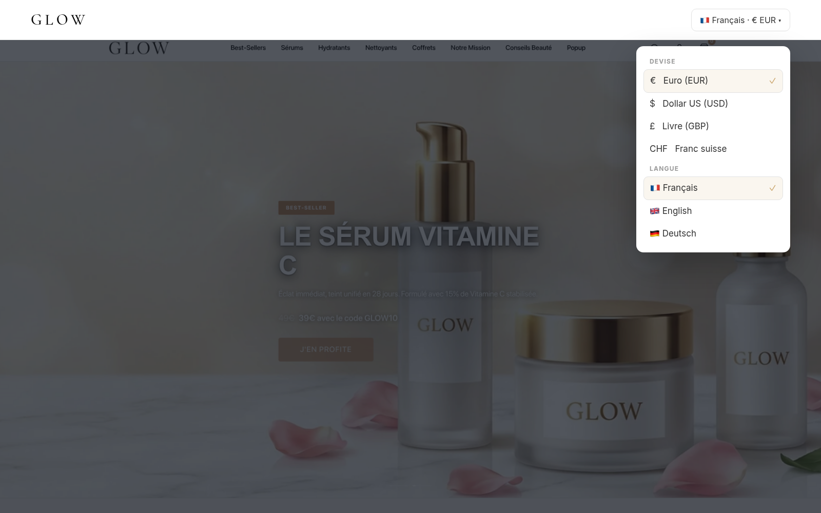 Capture Multi-langues & devises : boutique GLOW Skincare sous Speedfly