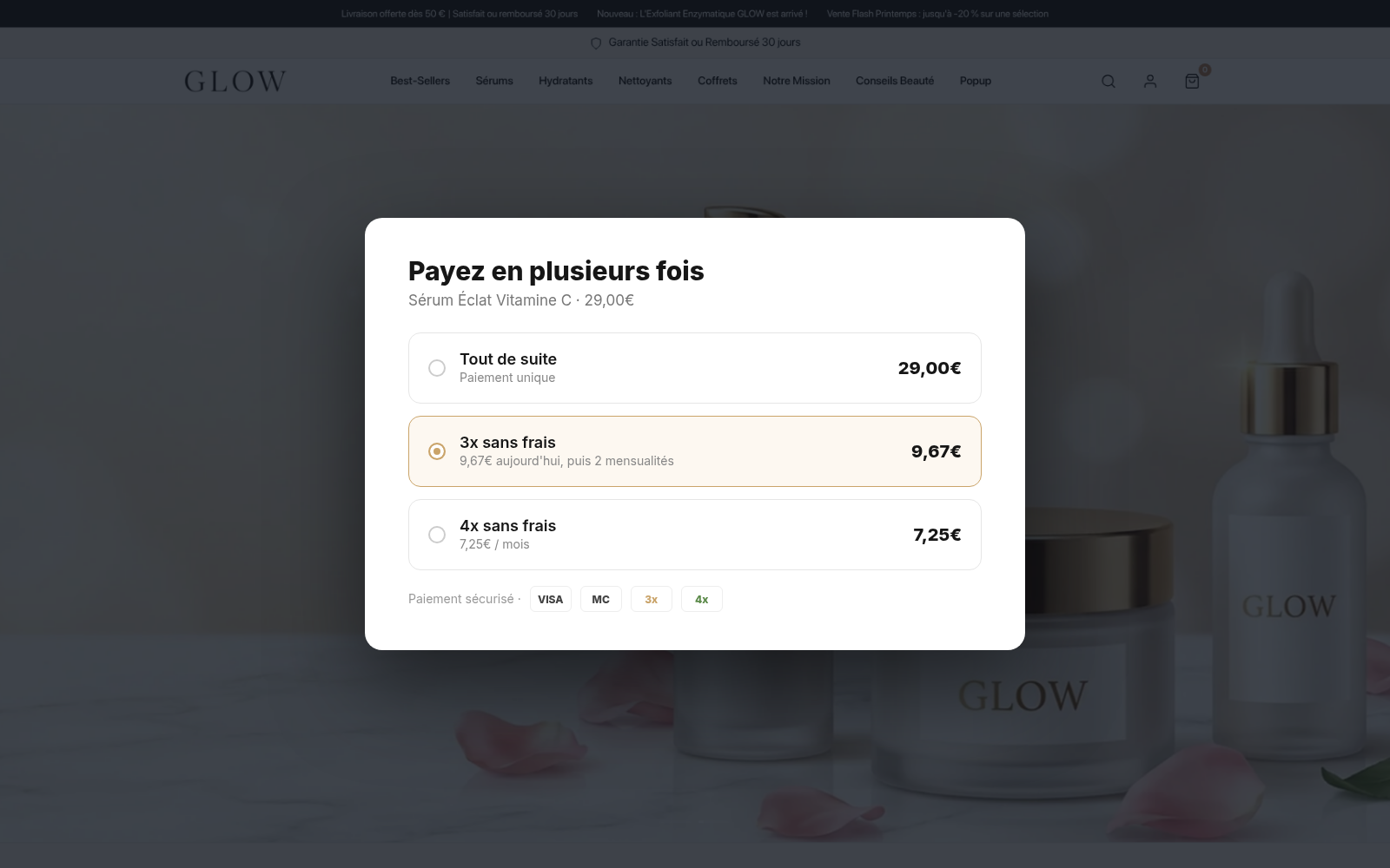Capture Paiements échelonnés : boutique GLOW Skincare sous Speedfly