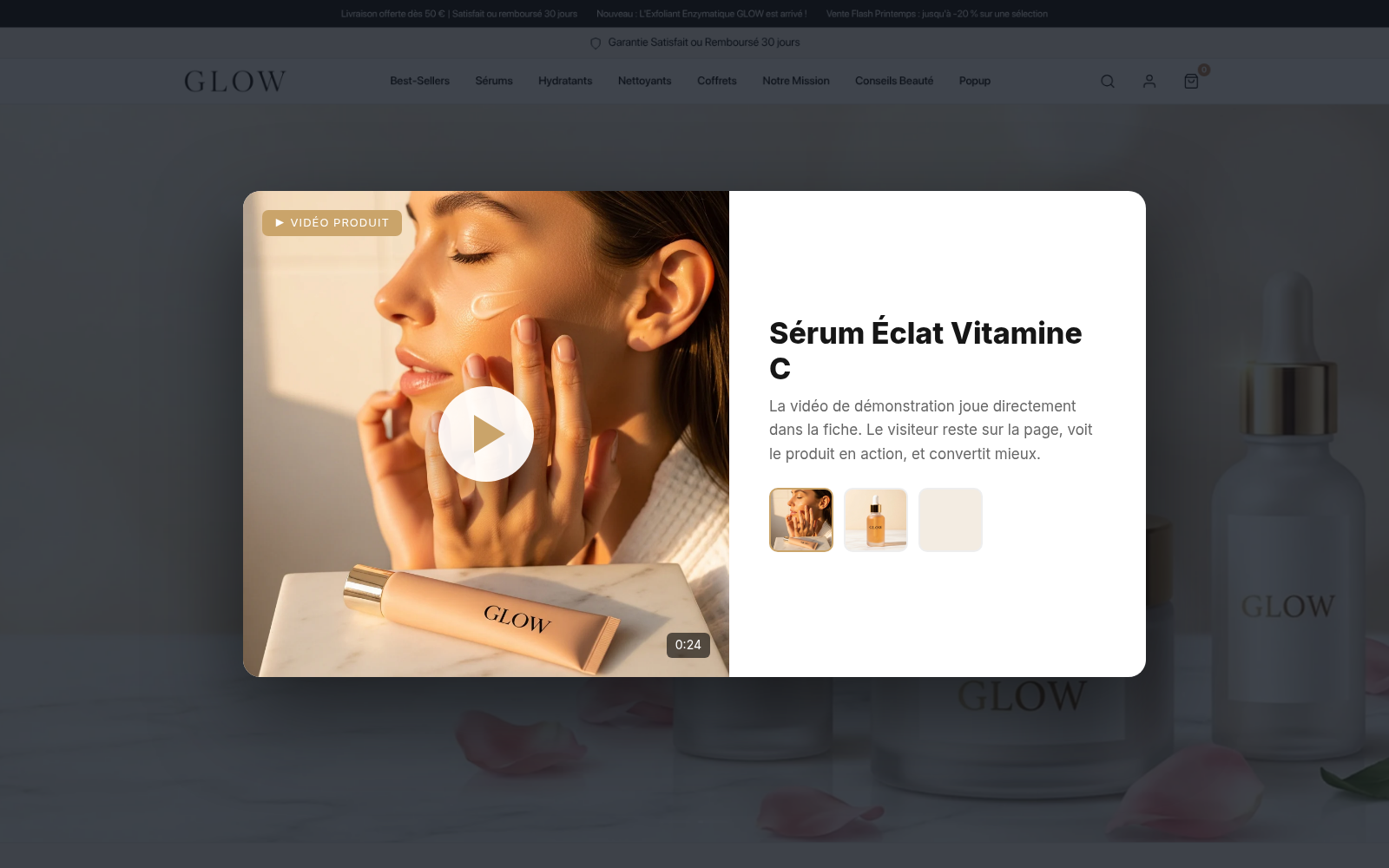 Capture Vidéos produits interactives : boutique GLOW Skincare sous Speedfly