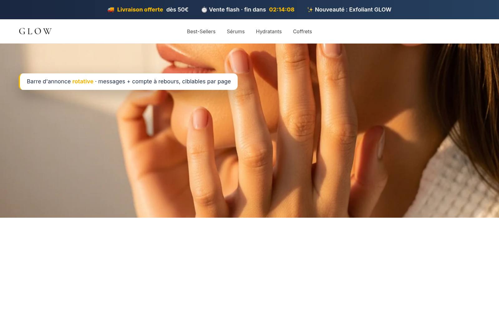 Capture Barre d'annonce dynamique : boutique GLOW Skincare sous Speedfly