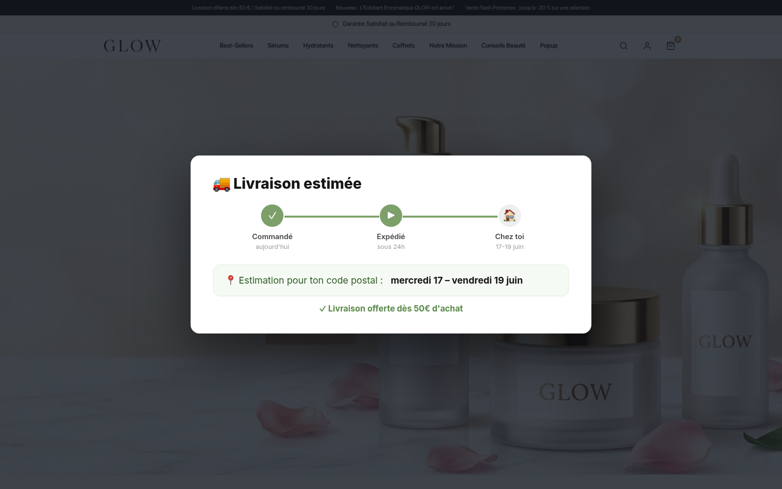Capture Estimation livraison dynamique : boutique GLOW Skincare sous Speedfly