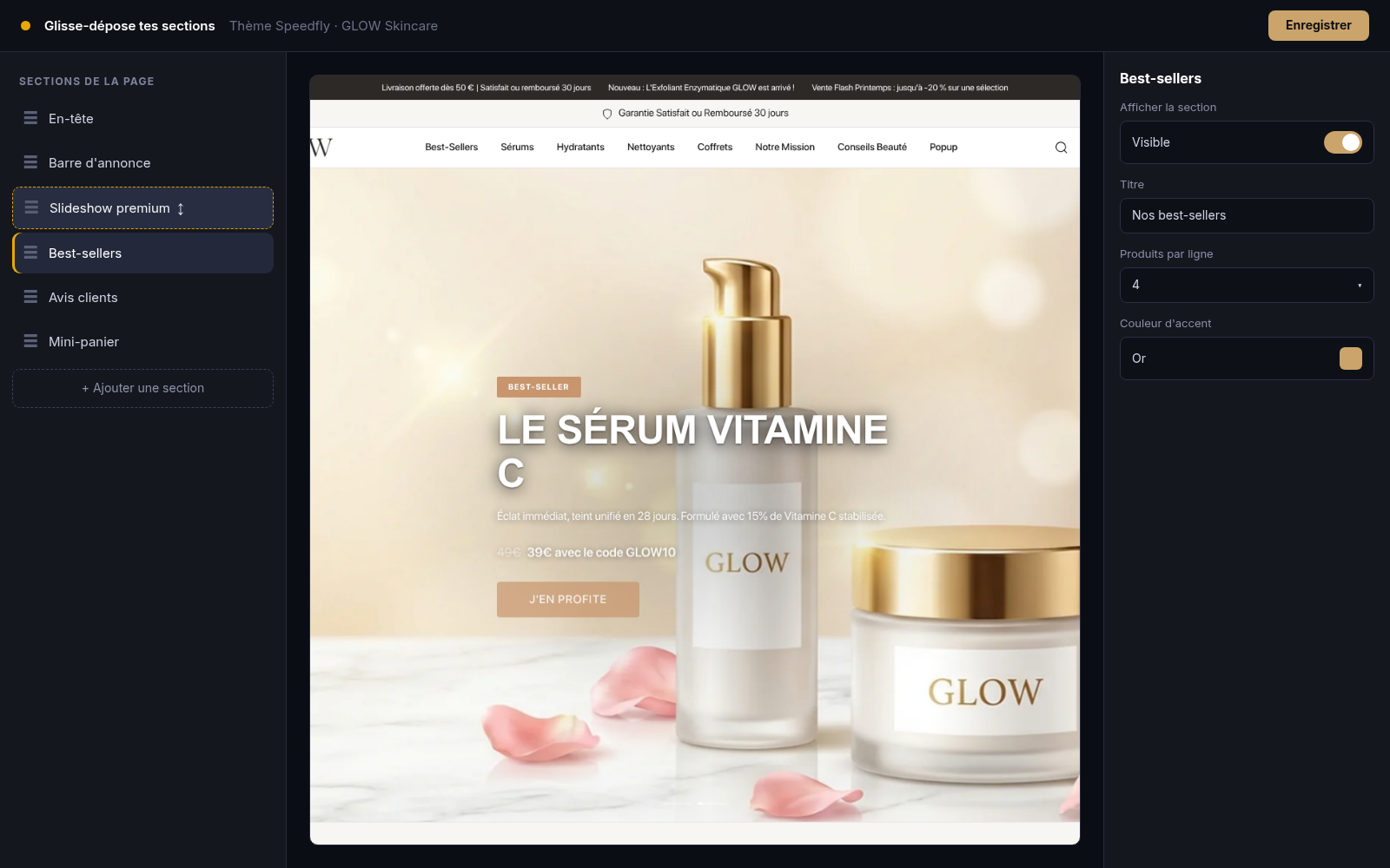 Capture Sections modulaires (Online Store 2.0) : boutique GLOW Skincare sous Speedfly
