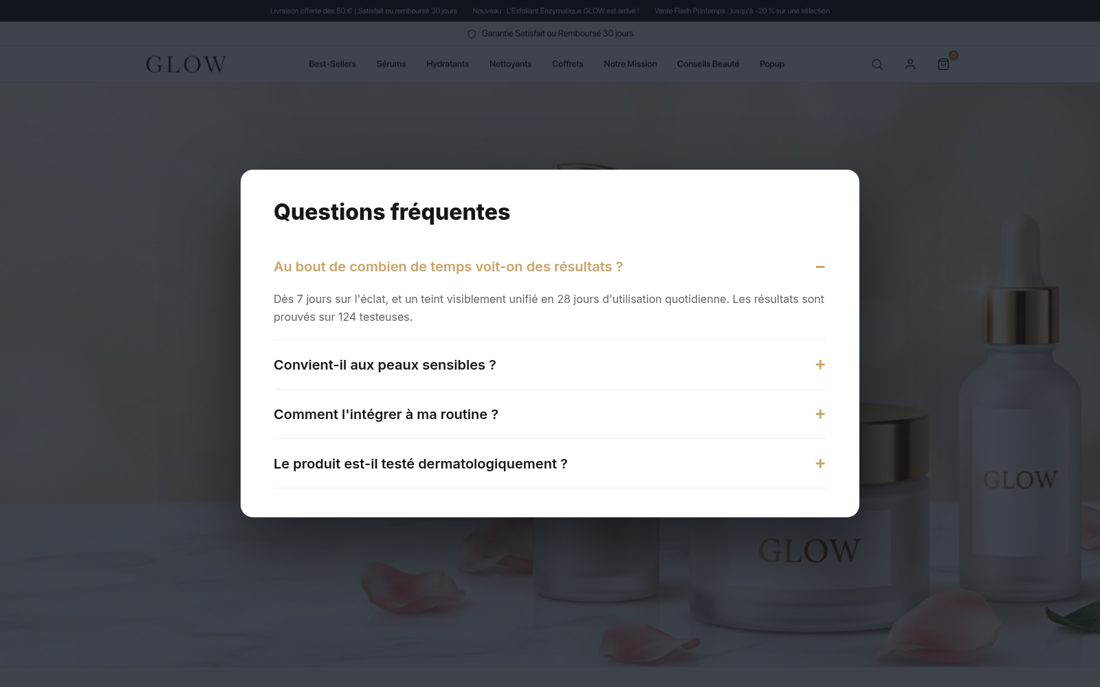 Capture FAQ produit en accordéon : boutique GLOW Skincare sous Speedfly