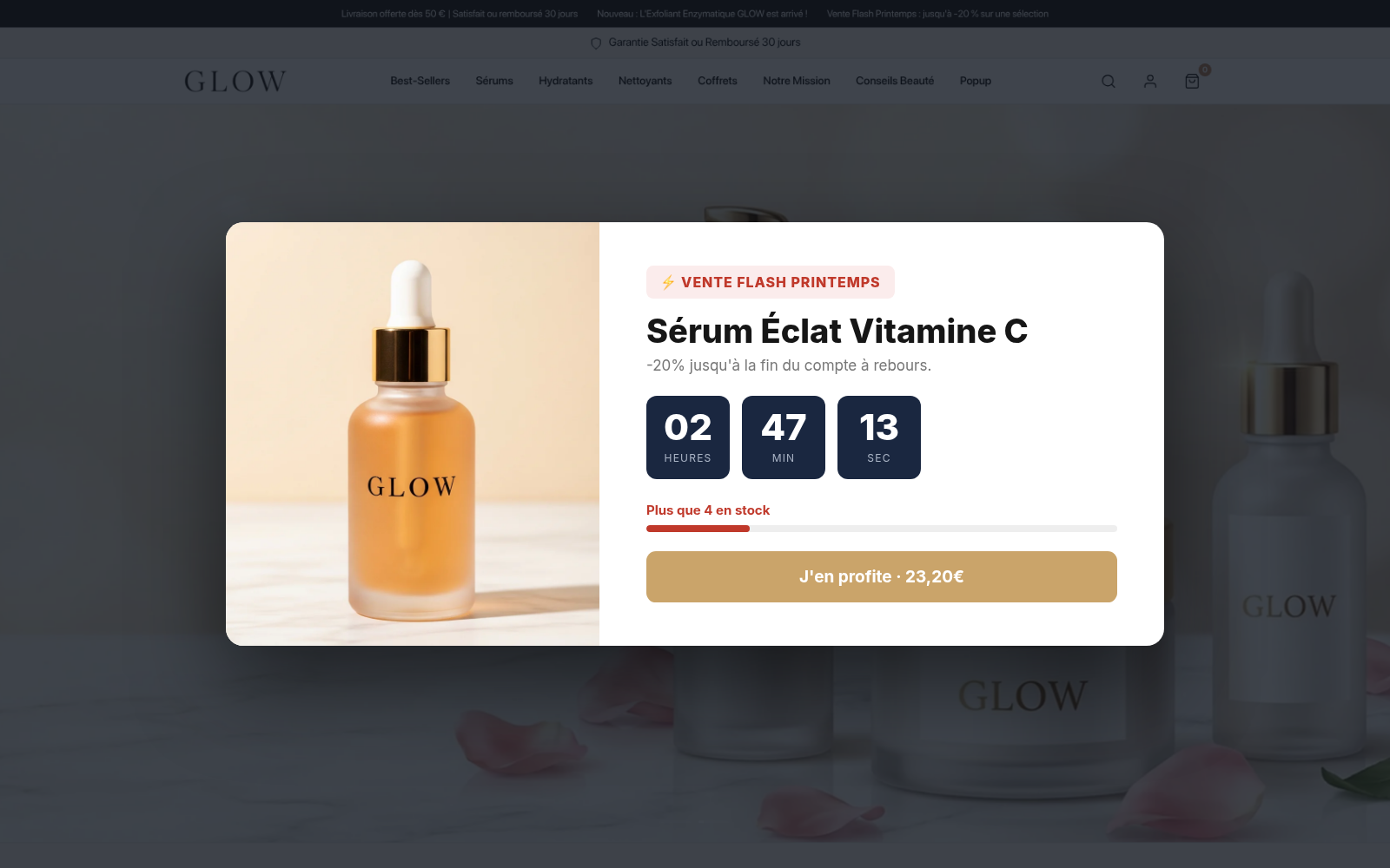 Capture Compte à rebours promo : boutique GLOW Skincare sous Speedfly