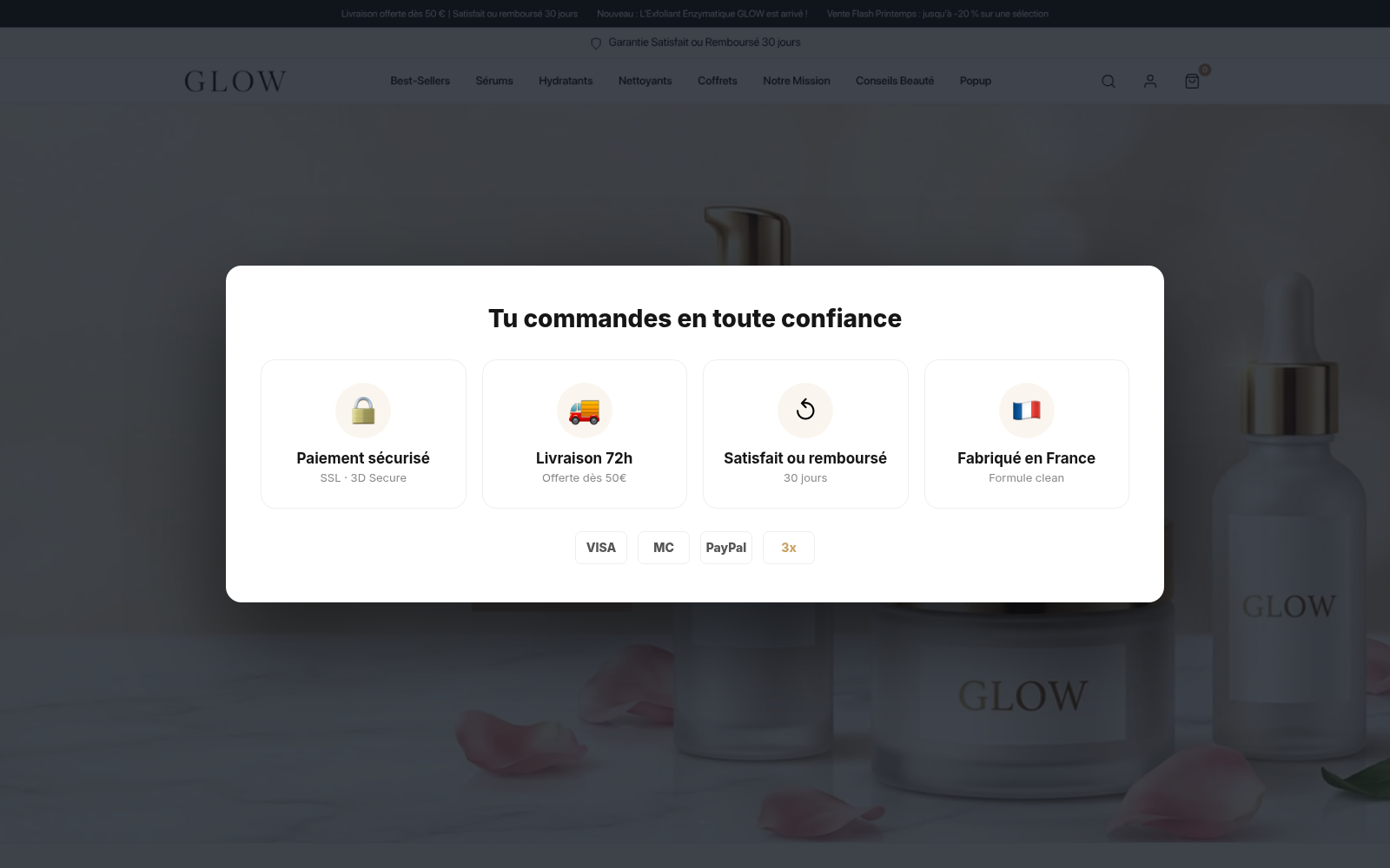Capture Réassurance & badges confiance : boutique GLOW Skincare sous Speedfly