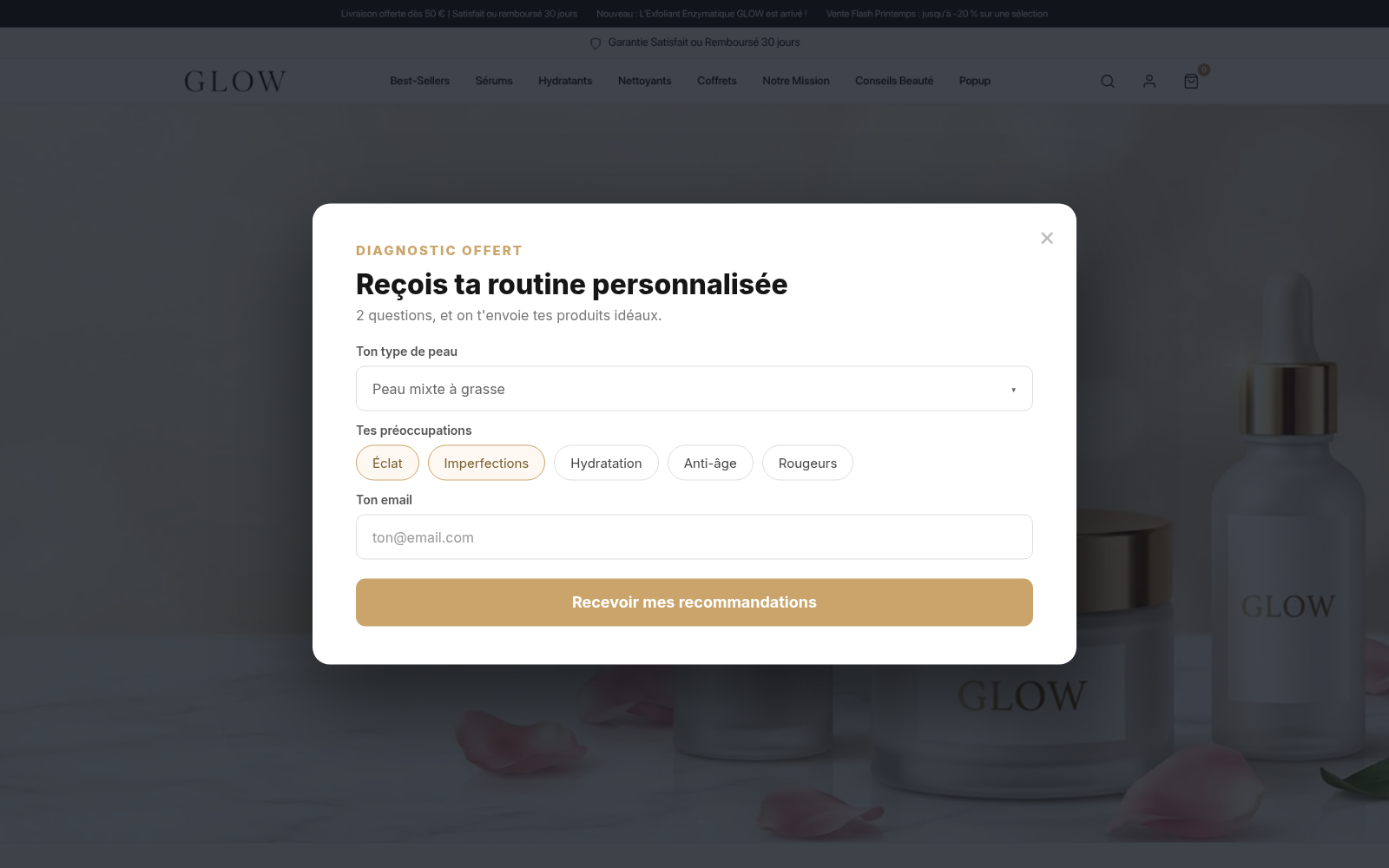 Capture Formulaires sur-mesure : boutique GLOW Skincare sous Speedfly