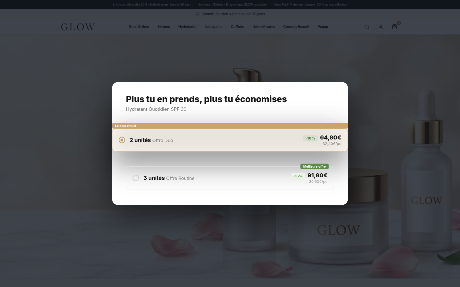 Capture Remises par quantité (volume) : boutique GLOW Skincare sous Speedfly