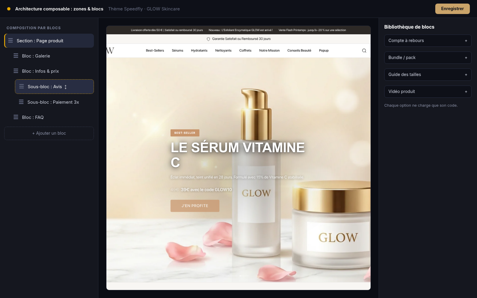Capture Architecture composable (zones & blocs) : boutique GLOW Skincare sous Speedfly