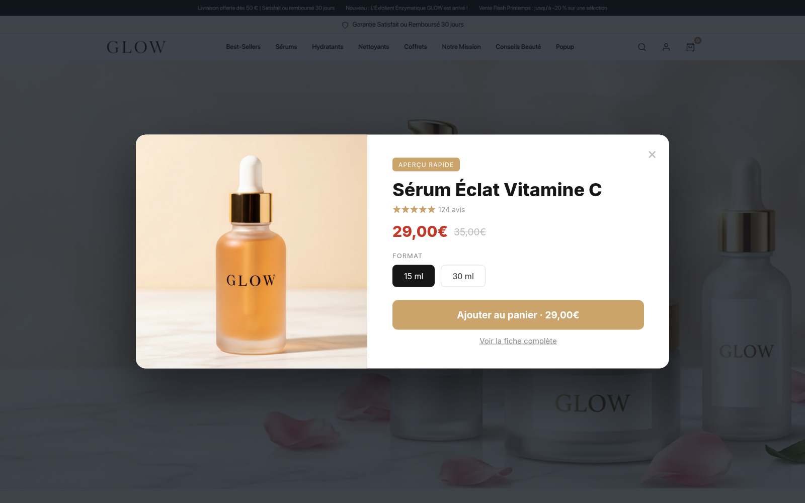 Capture Quick view (aperçu rapide) : boutique GLOW Skincare sous Speedfly