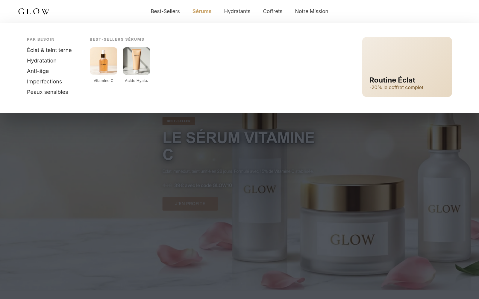 Capture Mega menu personnalisable : boutique GLOW Skincare sous Speedfly
