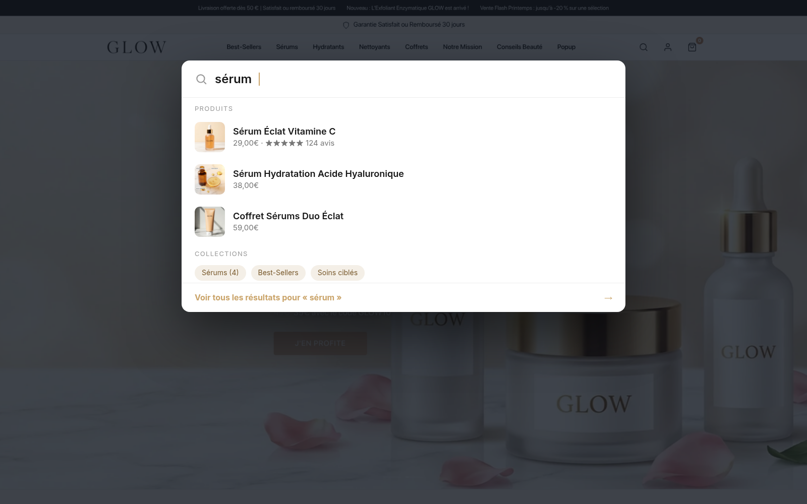 Capture Recherche prédictive : boutique GLOW Skincare sous Speedfly