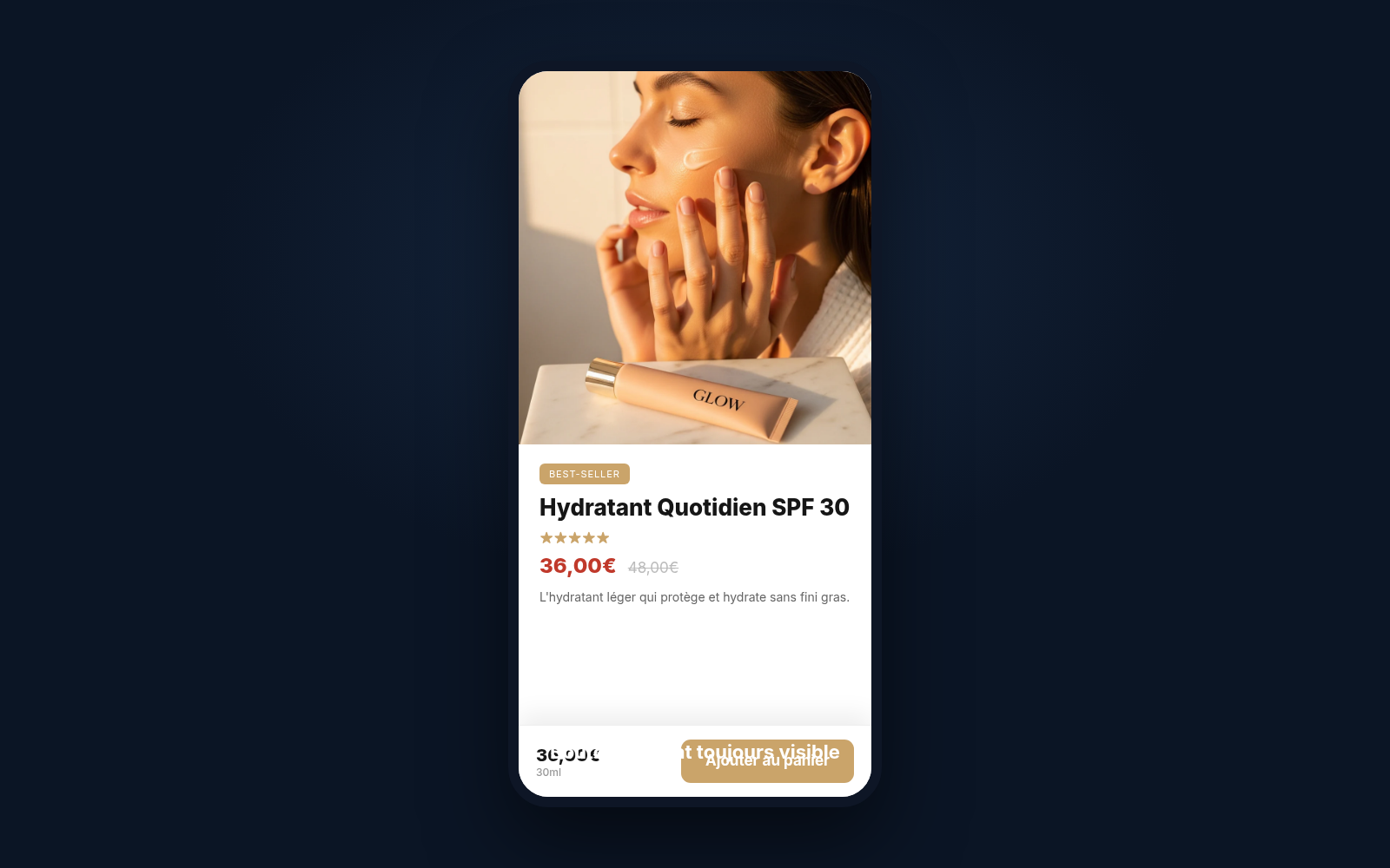 Capture Sticky bottom bar mobile : boutique GLOW Skincare sous Speedfly